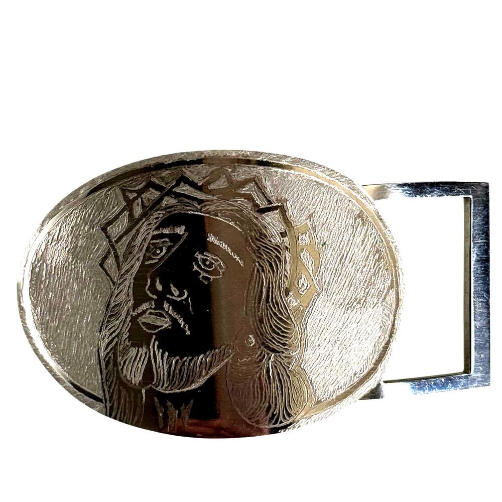 Artist Signed Jesus Christ Belt Buckle Crown of Thorns Engraved Religious